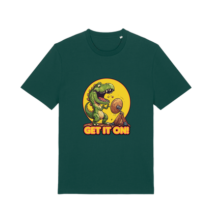 green music t-shirt with a dinosaur graphic and 'GET IT ON!' inspired by the iconic rock band