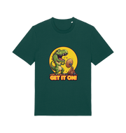green music t-shirt with a dinosaur graphic and 'GET IT ON!' inspired by the iconic rock band