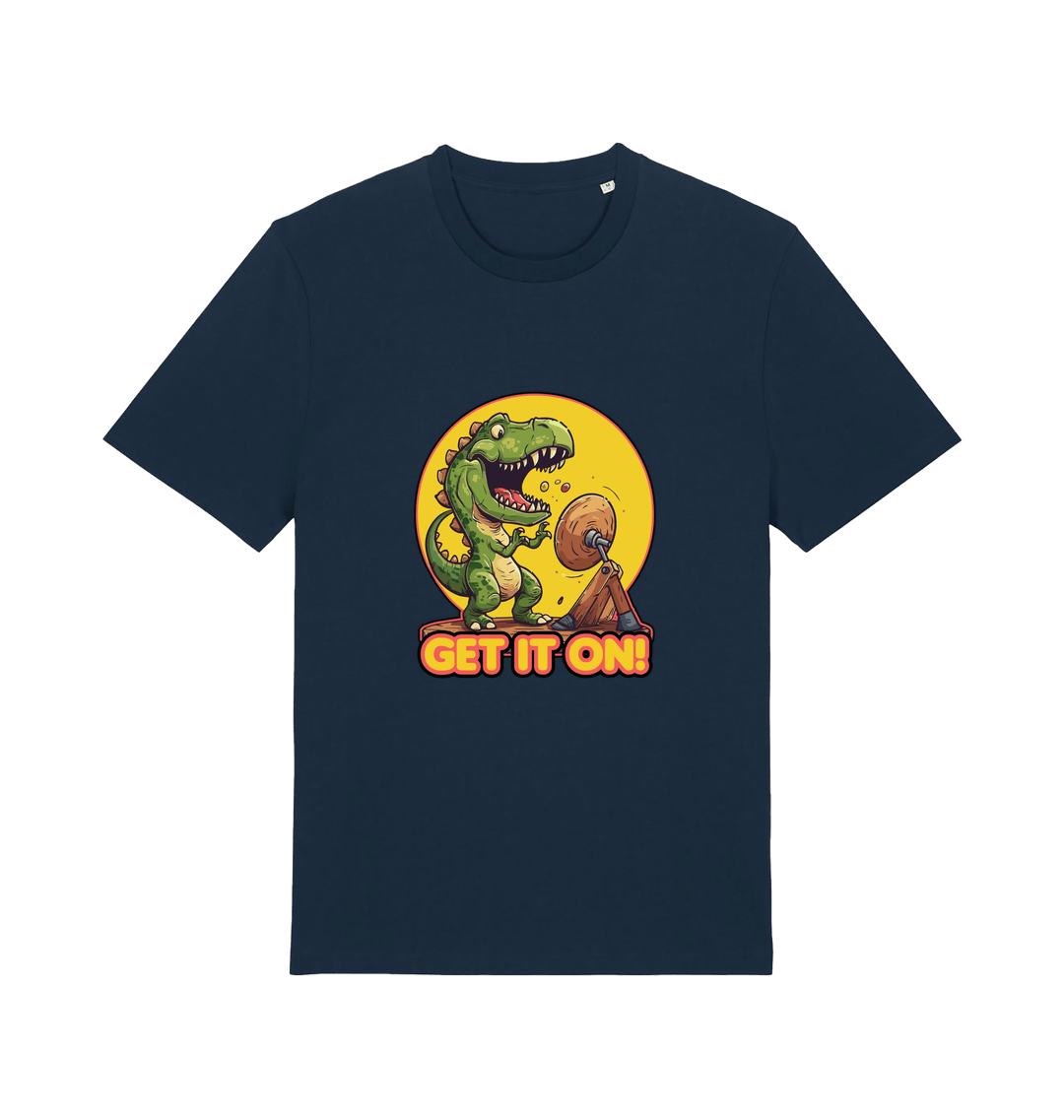navy music t-shirt with a dinosaur graphic and 'GET IT ON!' inspired by the iconic rock band