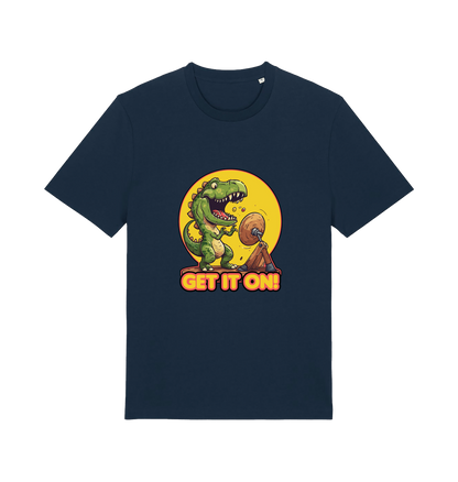 navy music t-shirt with a dinosaur graphic and 'GET IT ON!' inspired by the iconic rock band