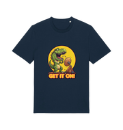 navy music t-shirt with a dinosaur graphic and 'GET IT ON!' inspired by the iconic rock band