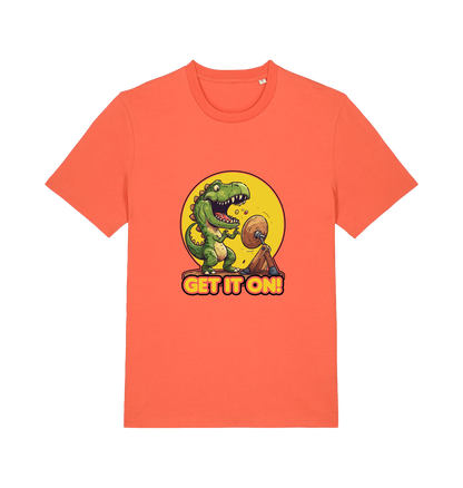 orange music t-shirt with a dinosaur graphic and 'GET IT ON!' inspired by the iconic rock band