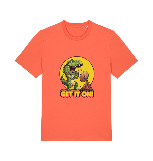 orange music t-shirt with a dinosaur graphic and 'GET IT ON!' inspired by the iconic rock band