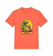 orange music t-shirt with a dinosaur graphic and 'GET IT ON!' inspired by the iconic rock band
