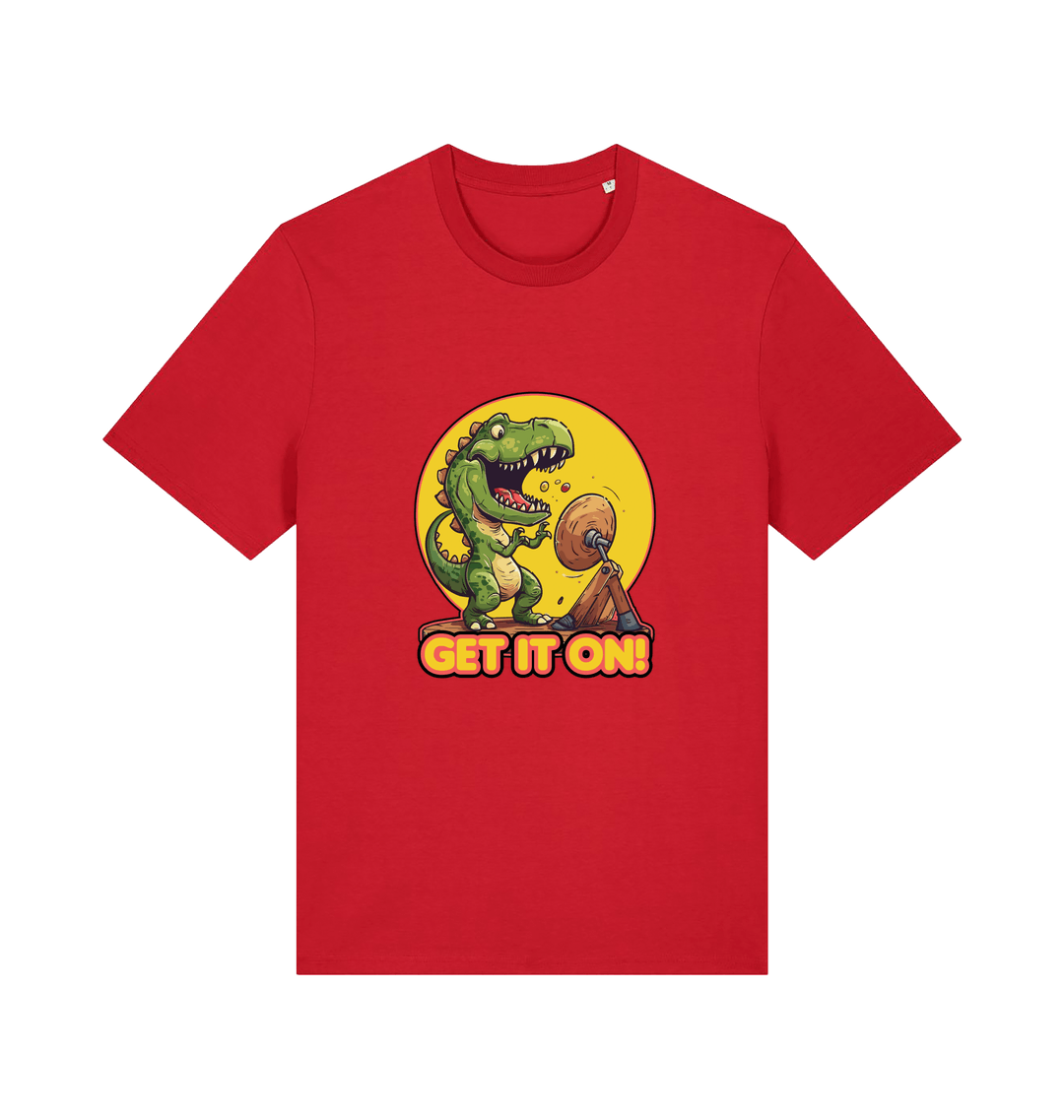 red music t-shirt with a dinosaur graphic and 'GET IT ON!' inspired by the iconic rock band