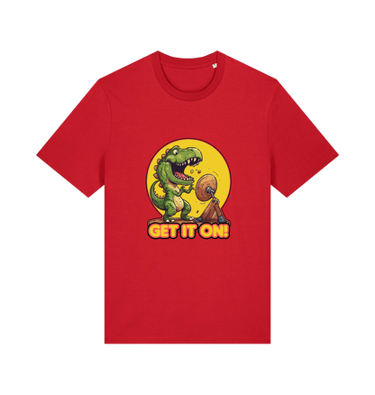 red music t-shirt with a dinosaur graphic and 'GET IT ON!' inspired by the iconic rock band