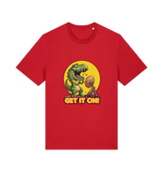 red music t-shirt with a dinosaur graphic and 'GET IT ON!' inspired by the iconic rock band