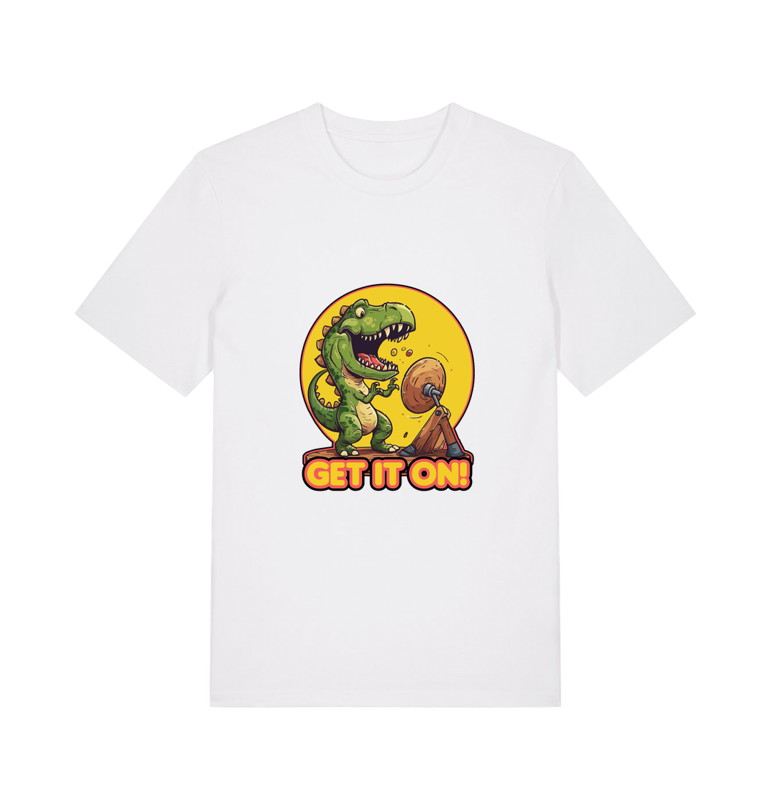 white music t-shirt with a dinosaur graphic and 'GET IT ON!' inspired by the iconic rock band