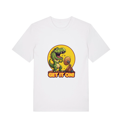 white music t-shirt with a dinosaur graphic and 'GET IT ON!' inspired by the iconic rock band