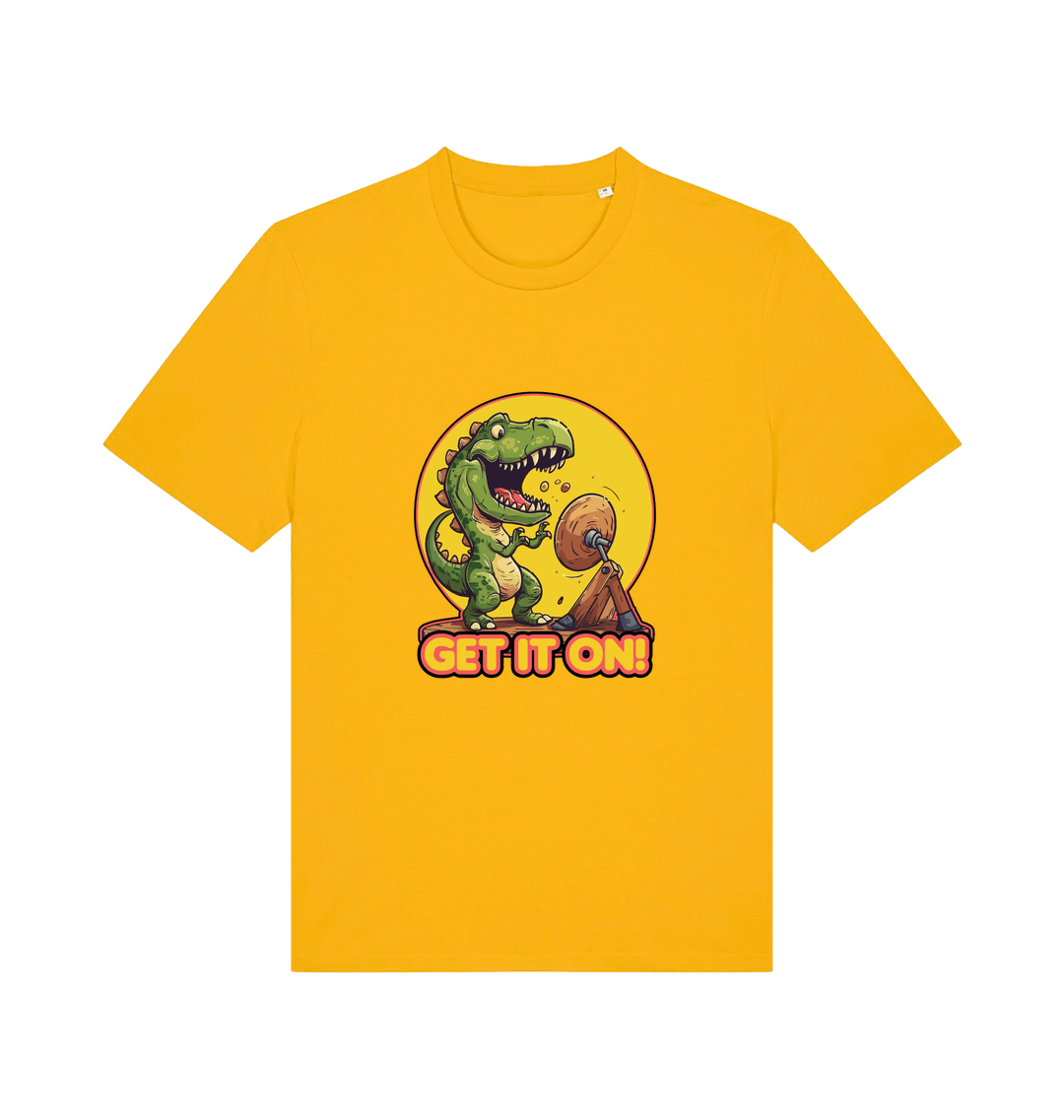 yellow music t-shirt with a dinosaur graphic and 'GET IT ON!' inspired by the iconic rock band
