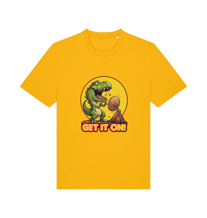 yellow music t-shirt with a dinosaur graphic and 'GET IT ON!' inspired by the iconic rock band