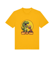 yellow music t-shirt with a dinosaur graphic and 'GET IT ON!' inspired by the iconic rock band