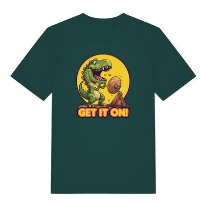 green music t-shirt with the graphic of a dinosaur banging a gong and the slogan 'get it on'