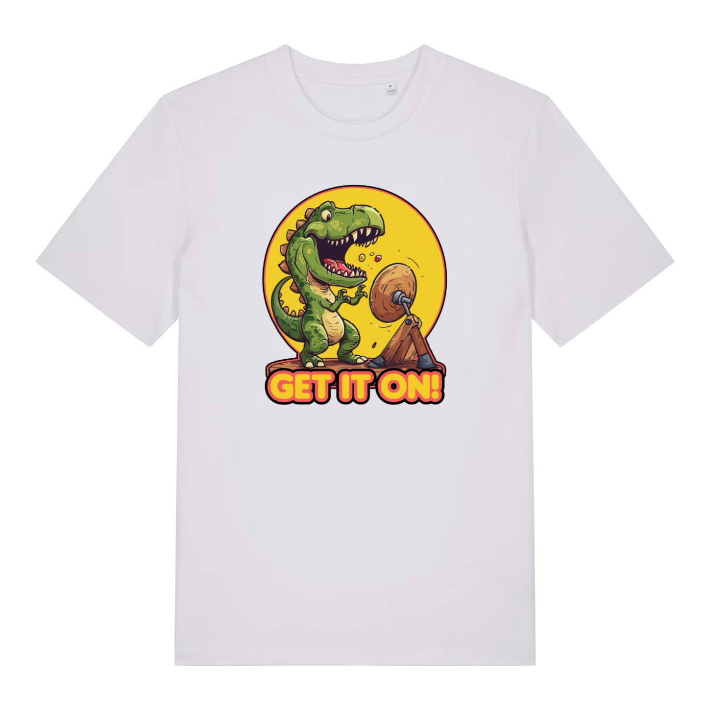 white music t-shirt with the graphic of a dinosaur banging a gong and the slogan 'get it on'