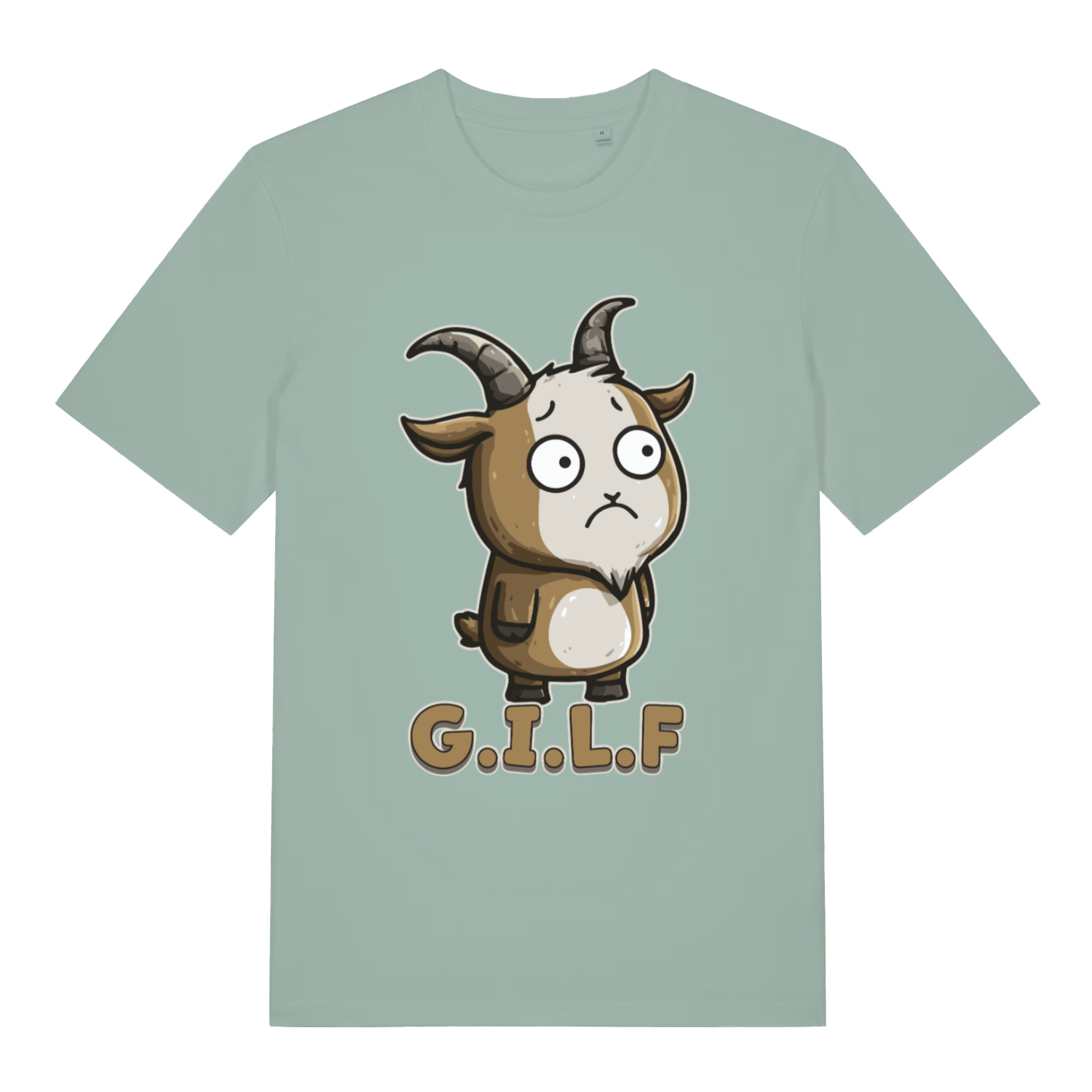 Aloe women's G.I.L.F T-shirt flat lay with cute wide-eyed goat "G.I.L.F" graphic