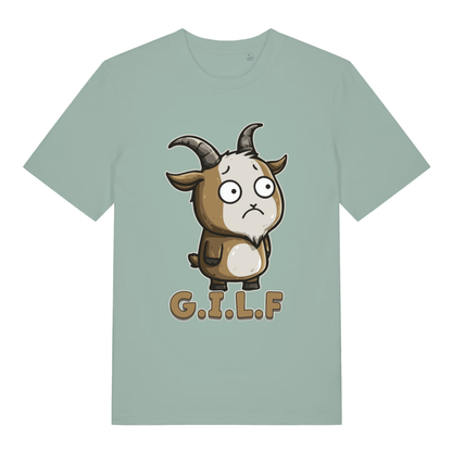Aloe women's G.I.L.F T-shirt flat lay with cute wide-eyed goat "G.I.L.F" graphic