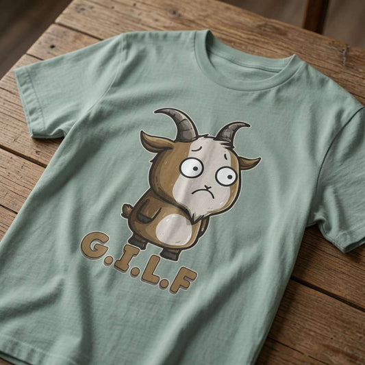 Aloe G.I.L.F. t-shirt on wood with sad-eyed goat graphic, funny mens goat pun animal