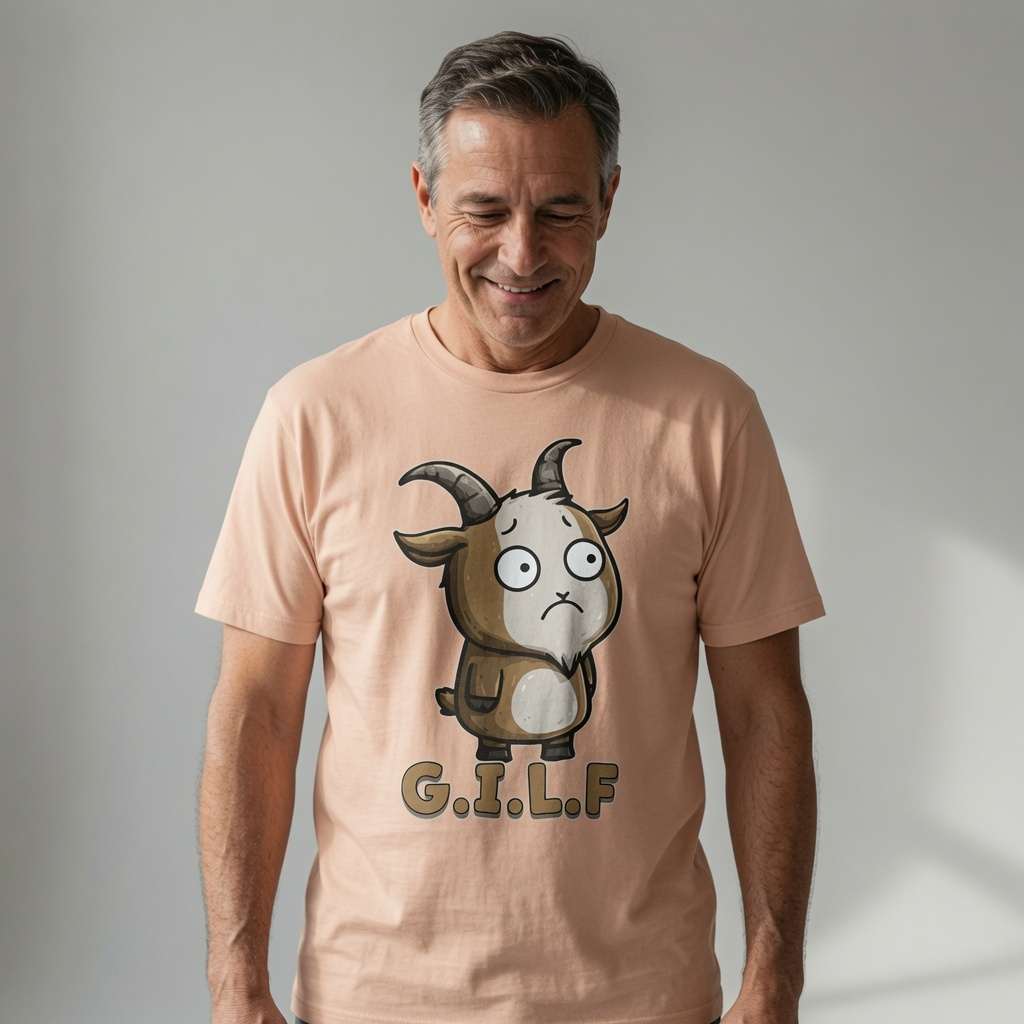 Man smiling looking down in fraiche peche G.I.L.F. tee, witty fun animal pun graphic