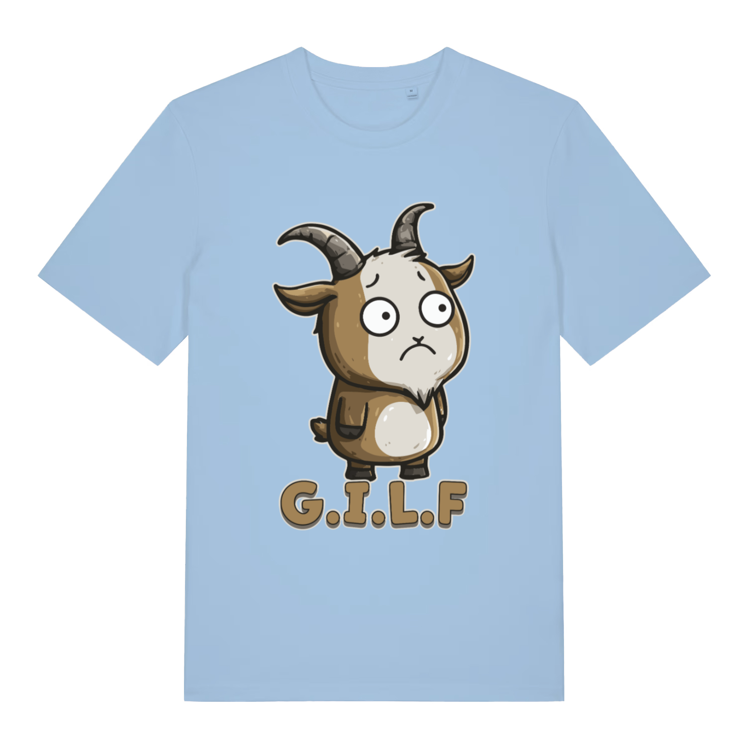 Light Blue women's G.I.L.F T-shirt flat lay showing sad goat "G.I.L.F" slogan