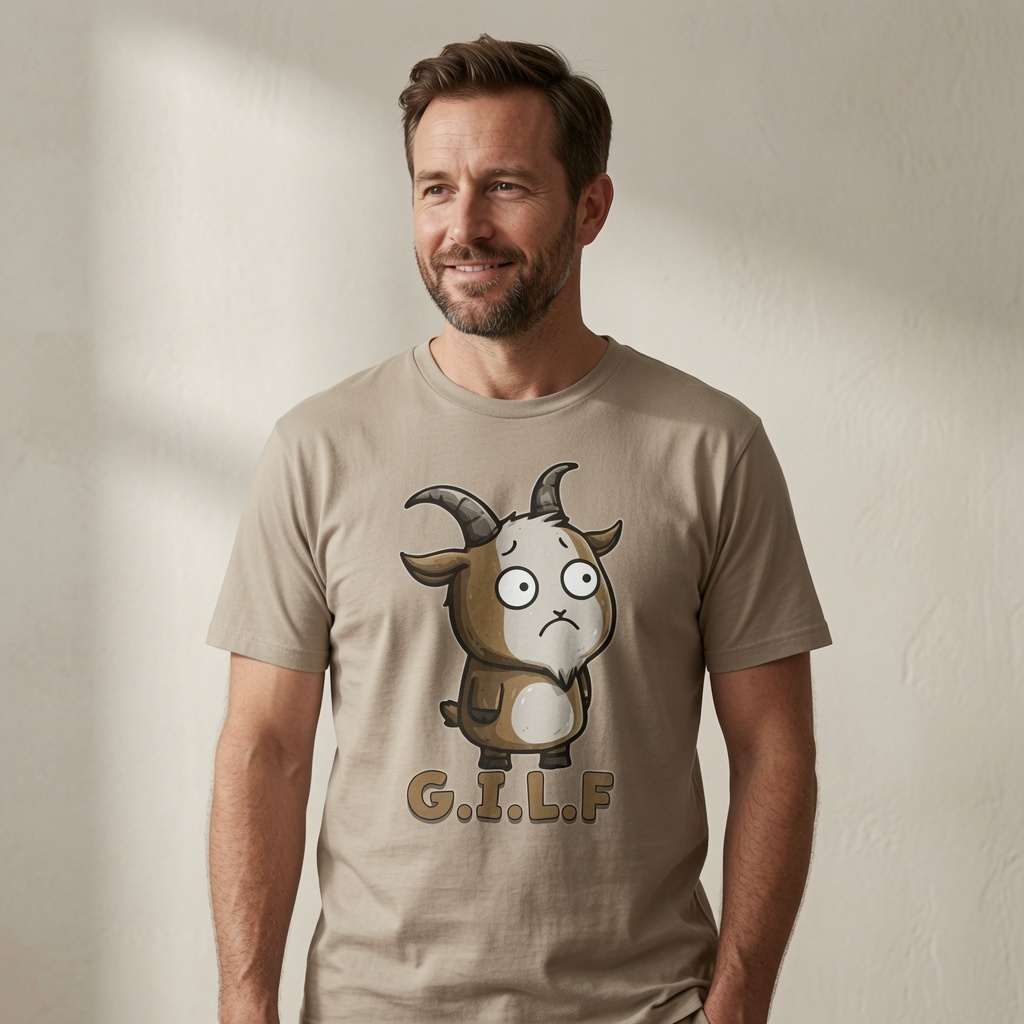 Man smiling in stone beige G.I.L.F. t-shirt featuring wide-eyed cartoon goat, funny witty mens goat graphic