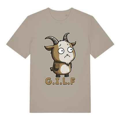 Stone women's G.I.L.F T-shirt flat lay with adorable goat illustration