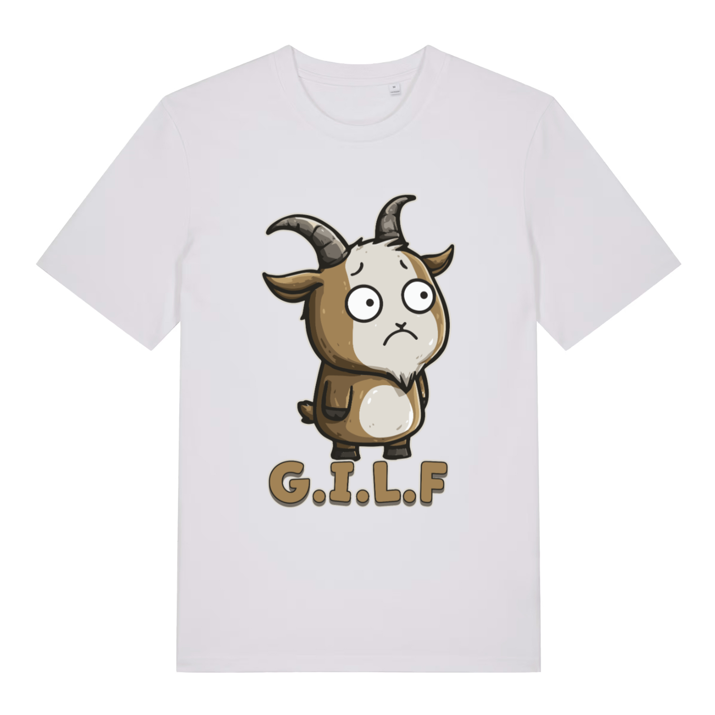 White women's G.I.L.F T-shirt flat lay displaying humorous G.I.L.F goat graphic