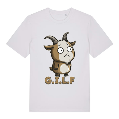 White women's G.I.L.F T-shirt flat lay displaying humorous G.I.L.F goat graphic
