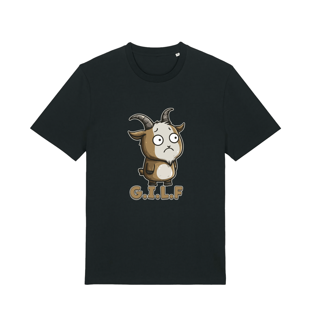 black funny animal t-shirt with the graphic of a cartoon goat and the slogan 'gilf'