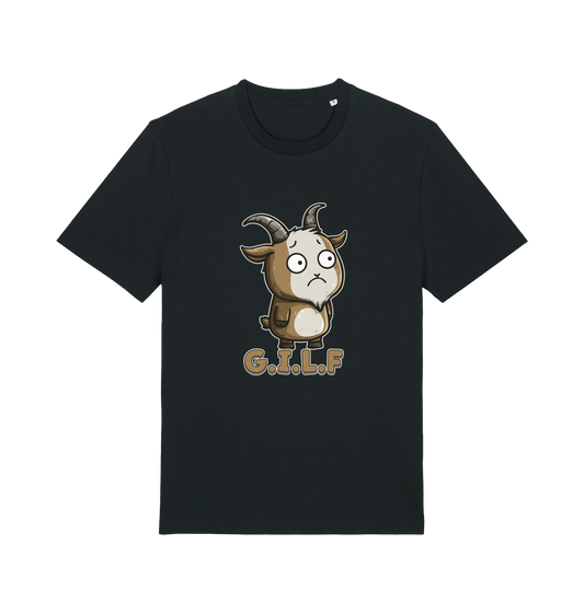 black funny animal t-shirt with the graphic of a cartoon goat and the slogan 'gilf'