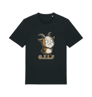 black funny animal t-shirt with the graphic of a cartoon goat and the slogan 'gilf'