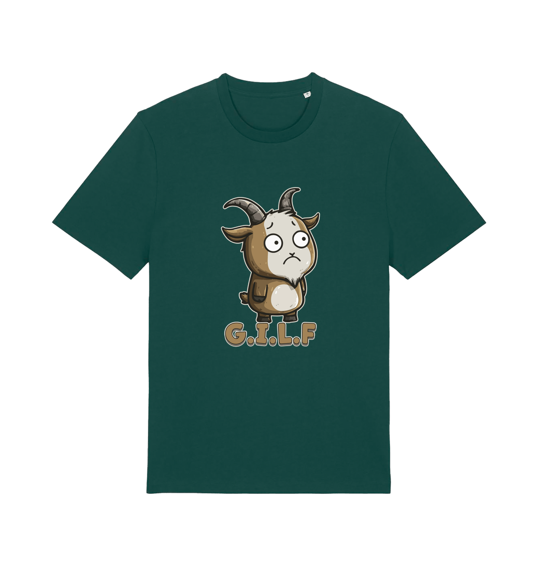 green funny animal t-shirt with the graphic of a cartoon goat and the slogan 'gilf'
