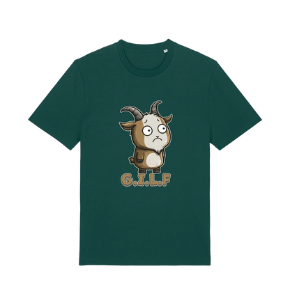 green funny animal t-shirt with the graphic of a cartoon goat and the slogan 'gilf'