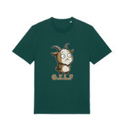 green funny animal t-shirt with the graphic of a cartoon goat and the slogan 'gilf'