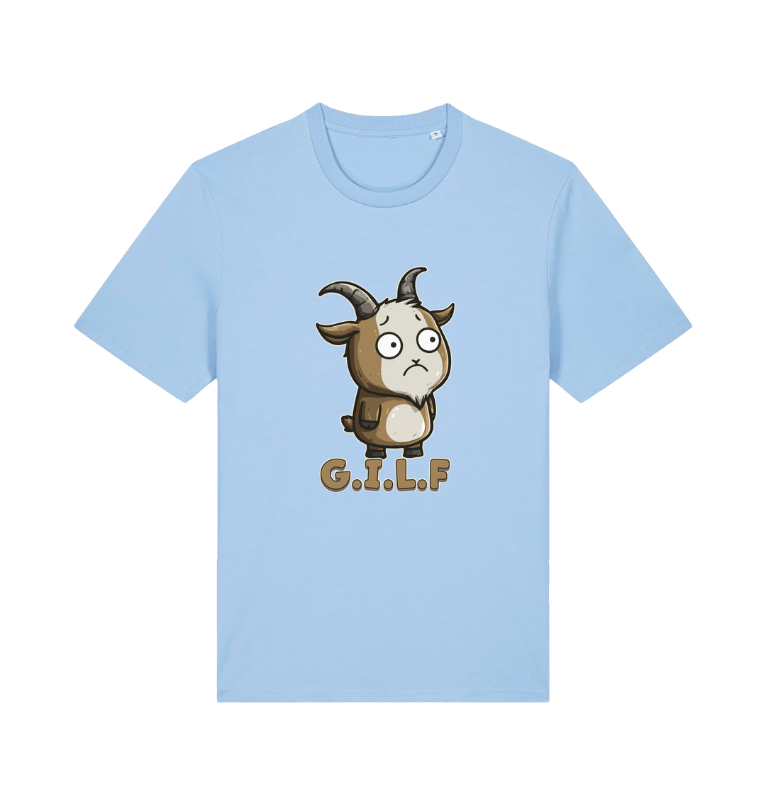 light blue funny animal t-shirt with the graphic of a cartoon goat and the slogan 'gilf'
