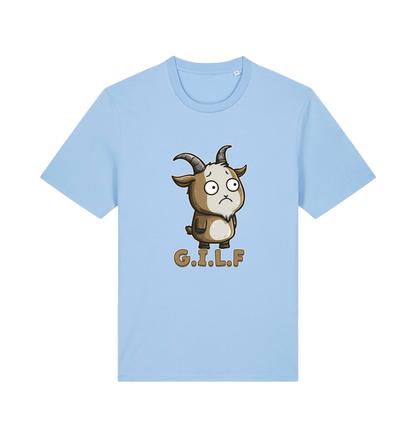 light blue funny animal t-shirt with the graphic of a cartoon goat and the slogan 'gilf'