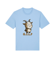 light blue funny animal t-shirt with the graphic of a cartoon goat and the slogan 'gilf'
