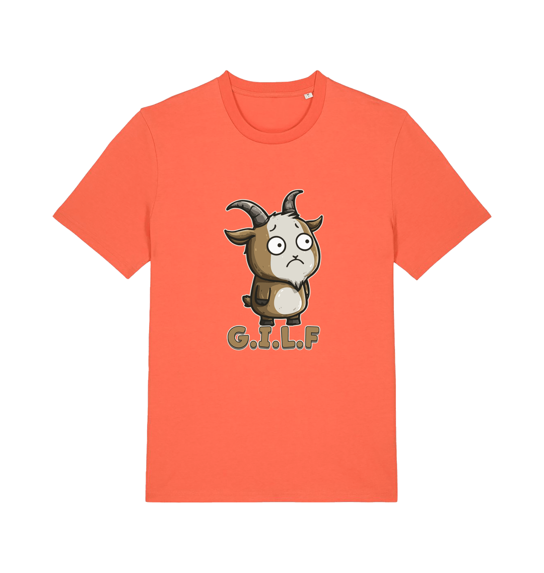 orange funny animal t-shirt with the graphic of a cartoon goat and the slogan 'gilf'