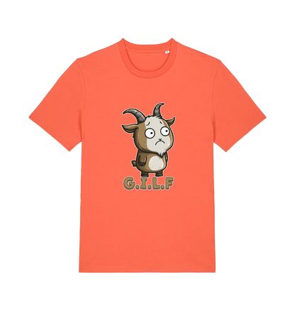 orange funny animal t-shirt with the graphic of a cartoon goat and the slogan 'gilf'