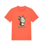 orange funny animal t-shirt with the graphic of a cartoon goat and the slogan 'gilf'