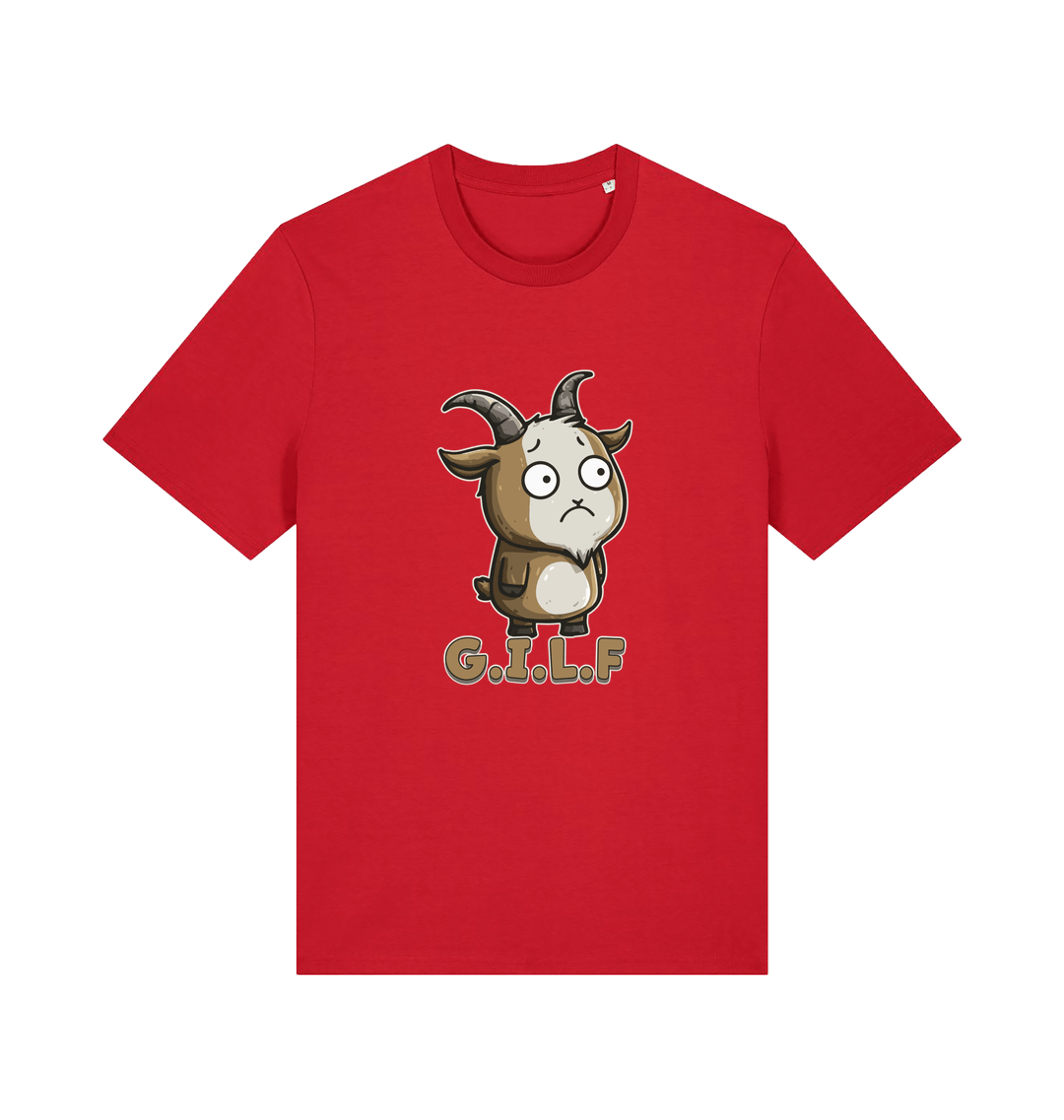 red funny animal t-shirt with the graphic of a cartoon goat and the slogan 'gilf'