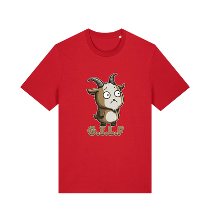 red funny animal t-shirt with the graphic of a cartoon goat and the slogan 'gilf'