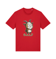 red funny animal t-shirt with the graphic of a cartoon goat and the slogan 'gilf'