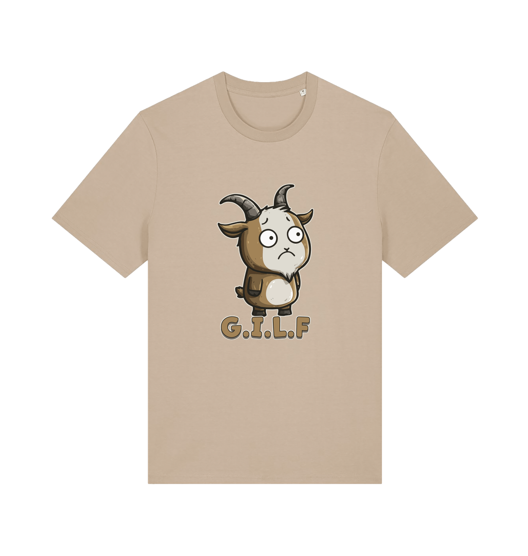 beige funny animal t-shirt with the graphic of a cartoon goat and the slogan 'gilf'