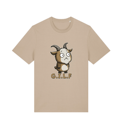 beige funny animal t-shirt with the graphic of a cartoon goat and the slogan 'gilf'