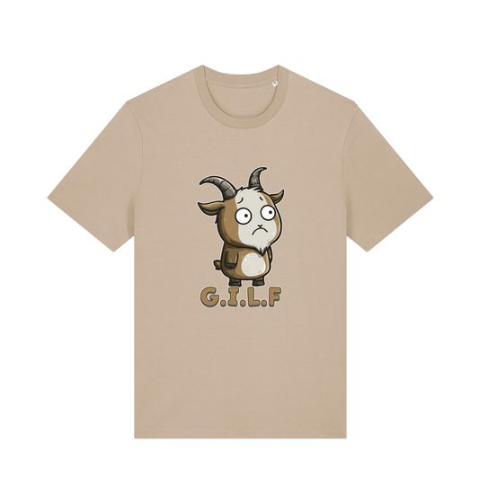 beige funny animal t-shirt with the graphic of a cartoon goat and the slogan 'gilf'