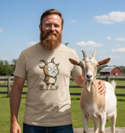 Man wearing a t-shirt with a goat graphic and 'G.I.L.F.' text, standing next to a goat in an outdoor setting.