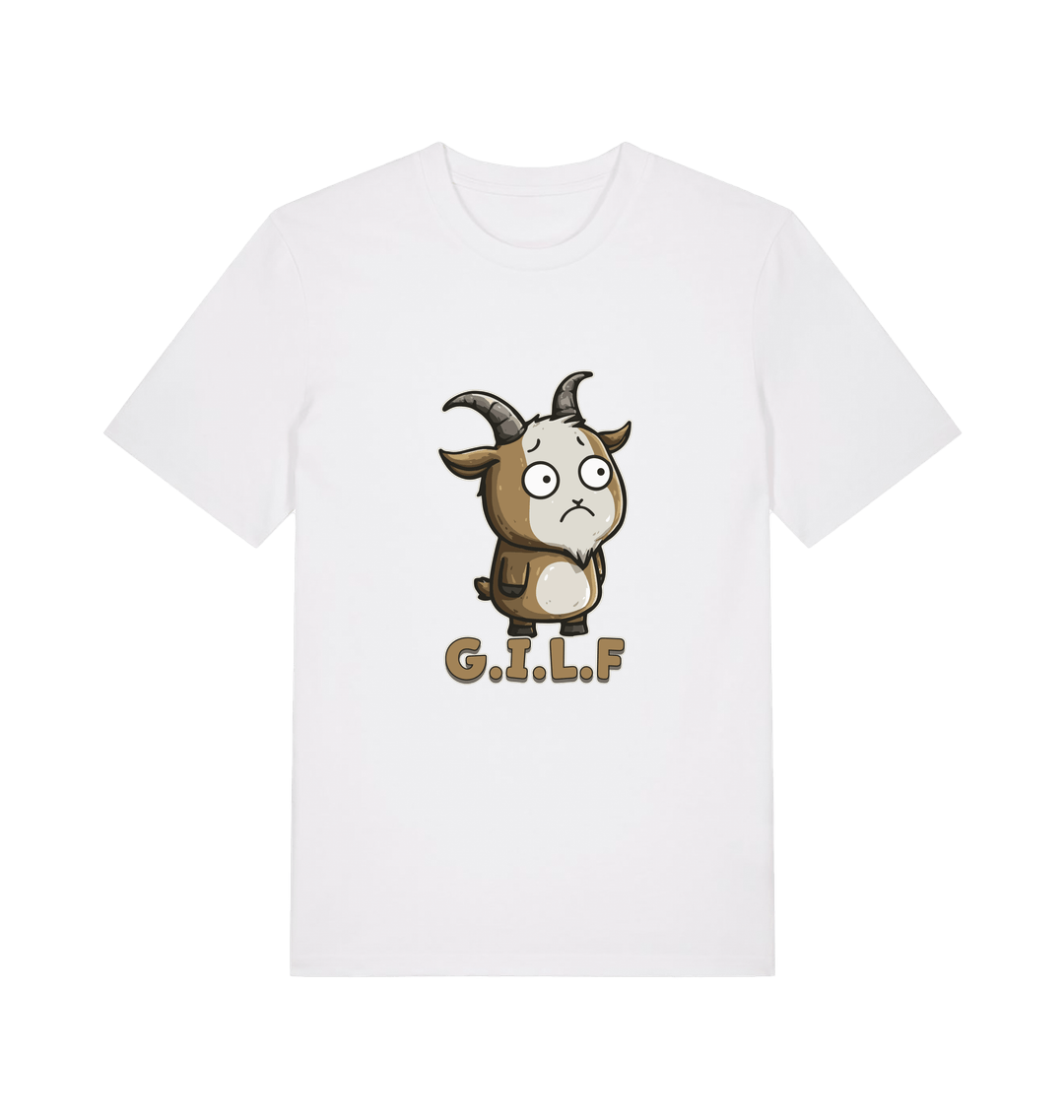 white funny animal t-shirt with the graphic of a cartoon goat and the slogan 'gilf'