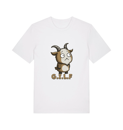 white funny animal t-shirt with the graphic of a cartoon goat and the slogan 'gilf'