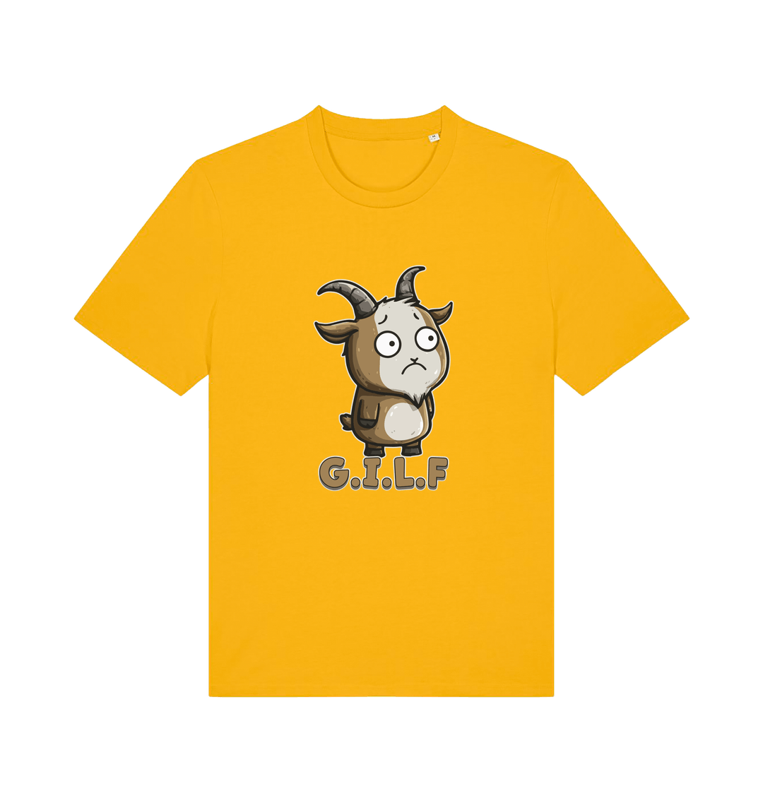 yellow funny animal t-shirt with the graphic of a cartoon goat and the slogan 'gilf'