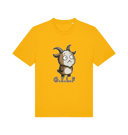 yellow funny animal t-shirt with the graphic of a cartoon goat and the slogan 'gilf'